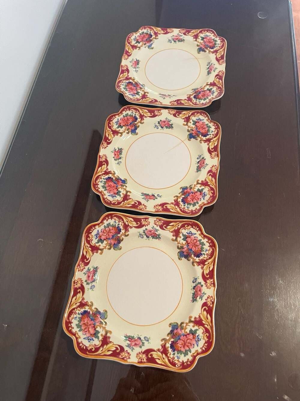 Crown Ducal Ware CRD38 Maroon Floral Scalloped Square 8.5 Inch Plates Set of 3